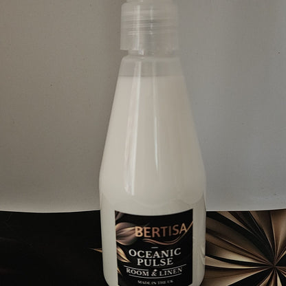 Bottle of Bertisa Oceanic Pulse room & linen spray on a neutral background