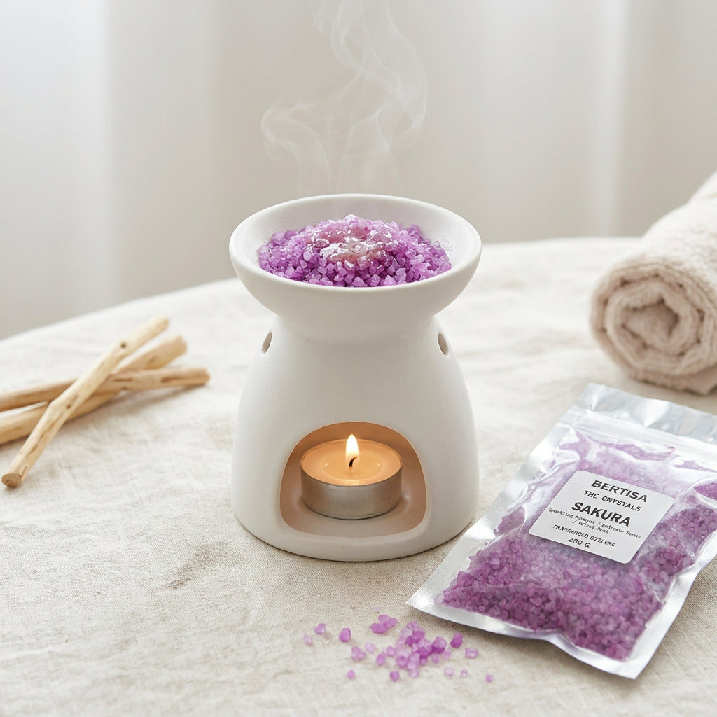 A silver resealable pouch of Bertisa The Crystals Sakura decorative bath salts, showing the purple and white crystalline contents through the clear front window, set against a plain light gray background.