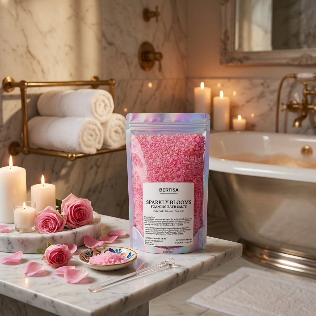A stand-up resealable pouch of Bertisa Sparkly Blooms Foaming Bath Salts, filled with pink crystalline salts, set against a neutral light gray background.