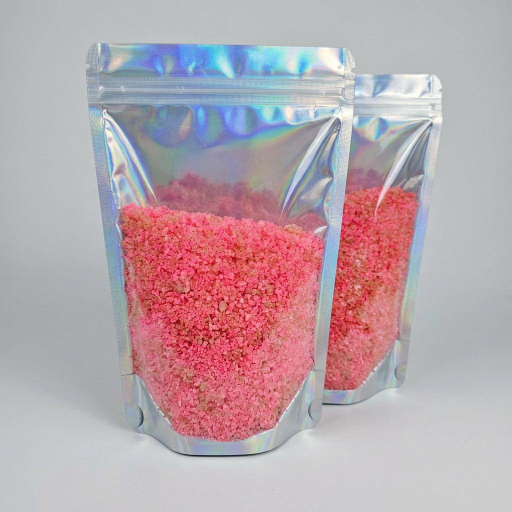 Two stand-up pouches of Bertisa Sparkly Blooms Foaming Bath Salts, with the front pouch showing bright pink bath salts through a holographic silver bag.