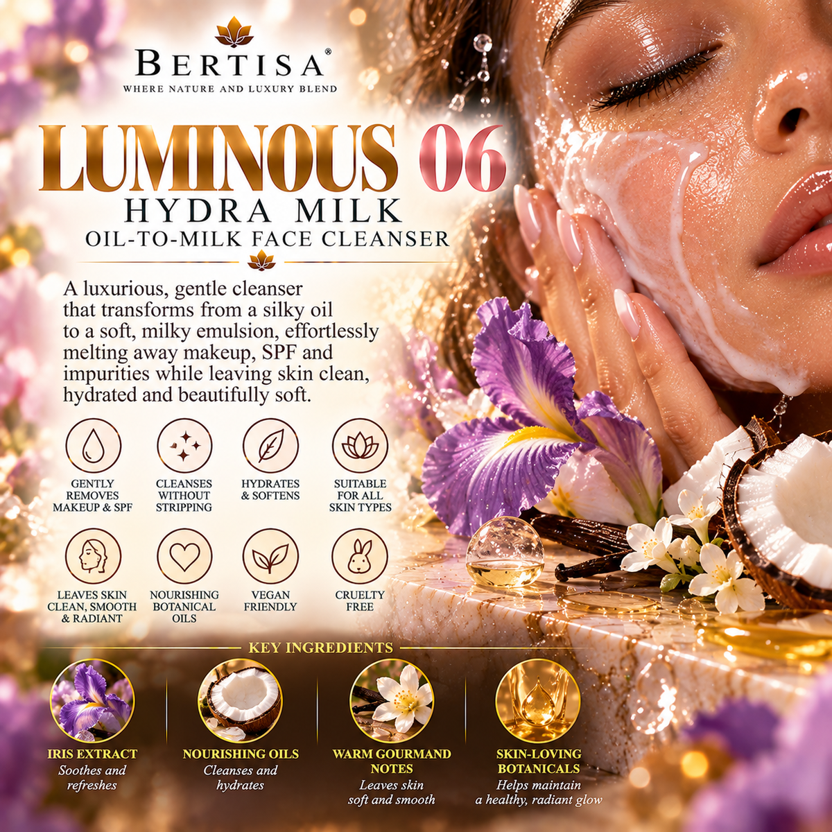 Informational graphic showing woman washing face with foam alongside icons for Iris Extract and Nourishing Oils with text