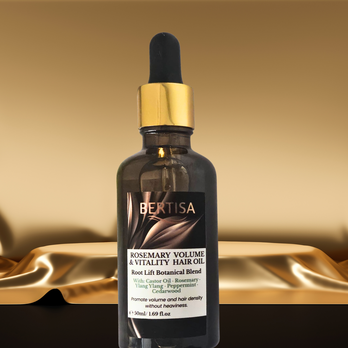 Bottle of Bertisa Rosemary Volume & Vitality Hair Oil with a gold dropper on a gold background
