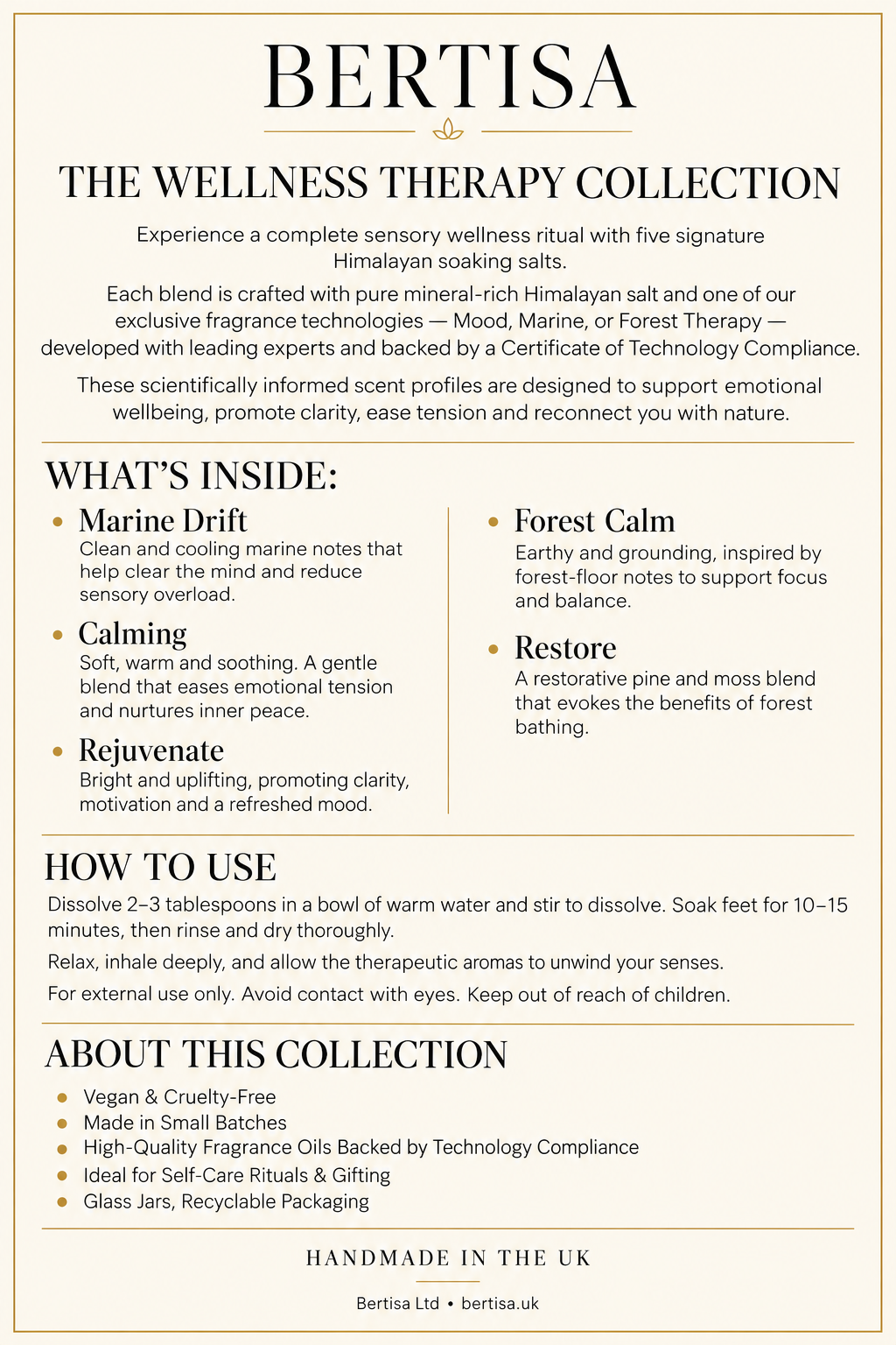 Wellness Therapy Collection information card in BERTISA’s cream, black and gold style